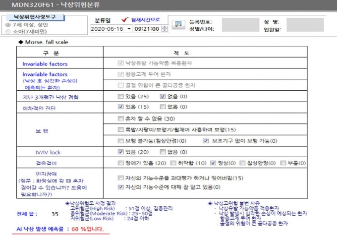 낙상 예측 AI 모델 화면. 의료진이 환자 정보를 조회할 때 AI 모델이 실시간으로 환자의 낙상 발생 예측률 계산해준다. 일반 병동에서 낙상 예측률 값이 60% 이상일 경우 의료진은 특별 간호 프로그램을 가동한다.