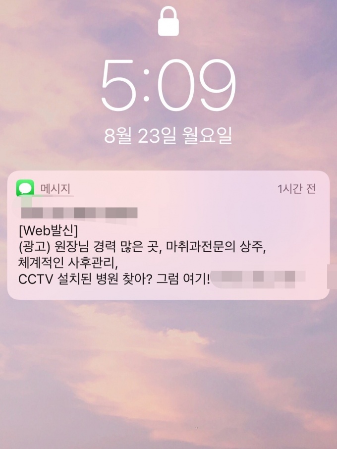 기자가 23일 오후 4시경에 받은 성형외과 홍보 문자메시지